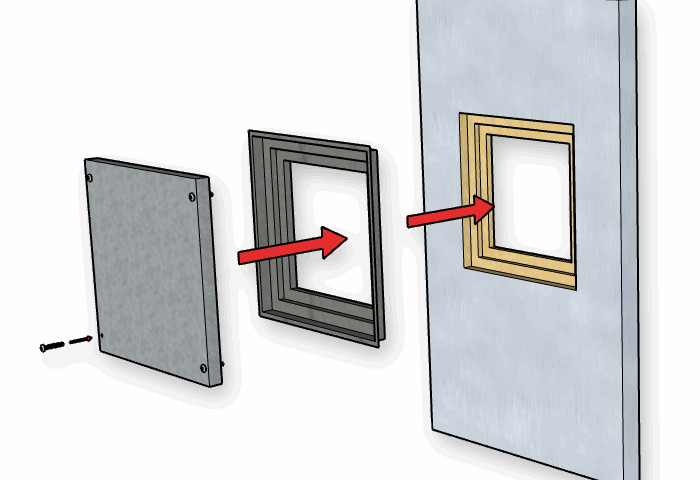 Detail der Montage des Innenprofils einer Impercold-Revisionsklappe mittels Schrauben, für einen sicheren und widerstandsfähigen Verschluss.
