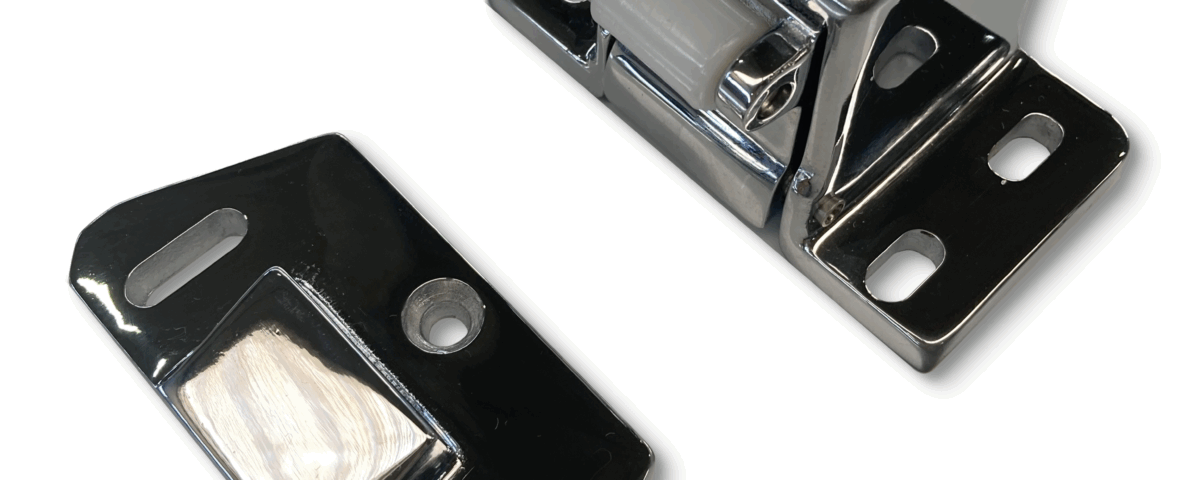 Impercold small model chrome door catch for refrigerator doors, compact and durable.